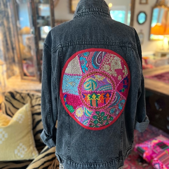 Reworked Black Boho Stonewashed Denim Jacket - Picture 5 of 14